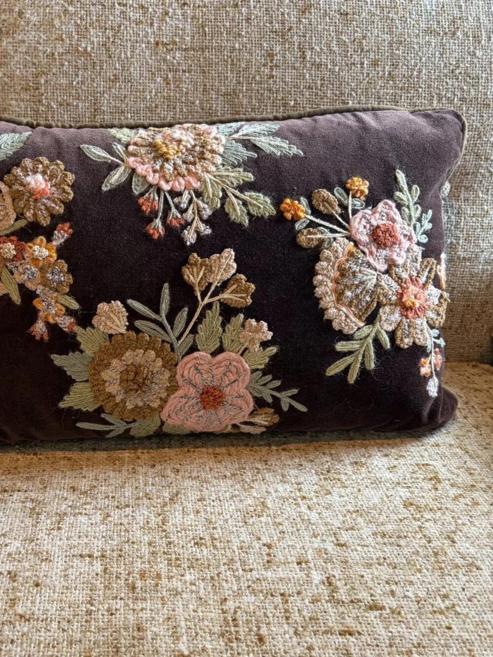 Embroidered Floral Brown Velvet Lumbar Pillow Aphorism 14